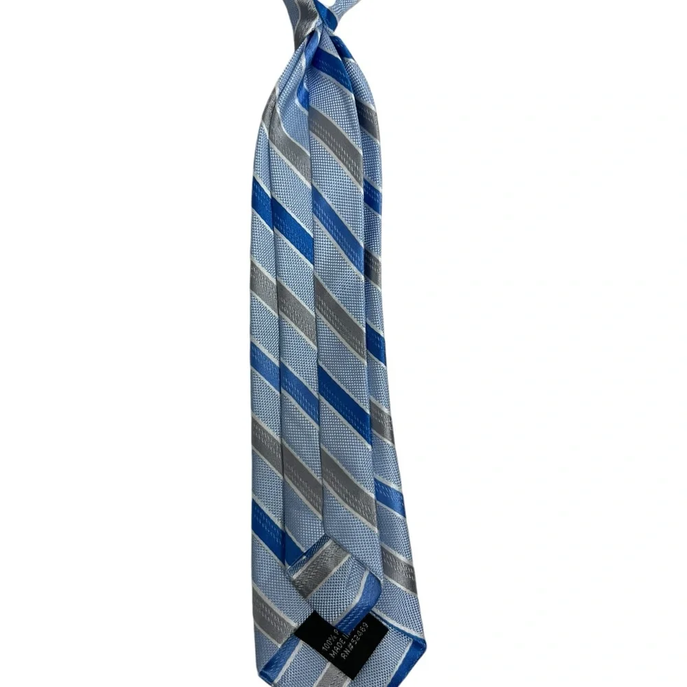 Neck Tie Clip On. For Boys Kids Toddler Size 10” Blue White Silver Stripes